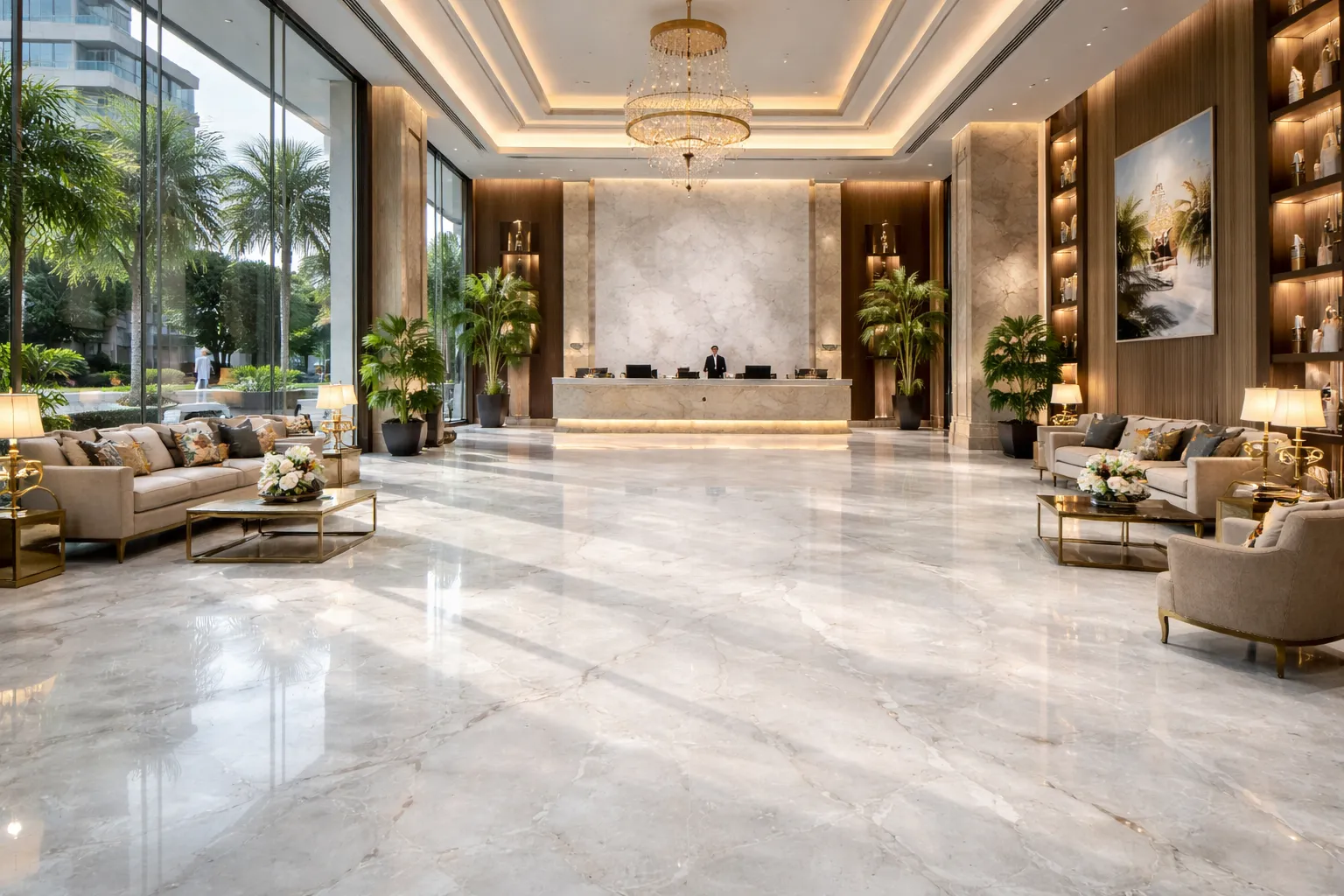 Polished white marble floor surface reflection luxury